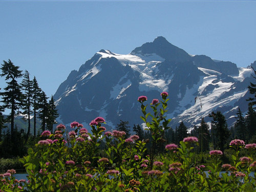 Mount Shuksan seen across Picture Lake.  This is one of the most photographed mountains in the world.